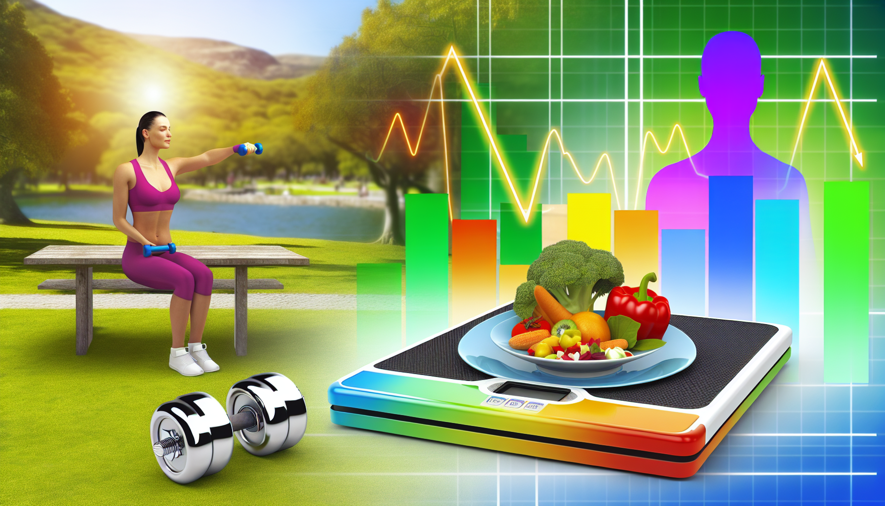 gesundheit und wohlbefinden beim abnehmen: ein ganzheitlicher ansatz 2 eine visualisierung, die gesundheit und wohlbefinden wã¤hrend des gewichtsverlusts darstellt. im vordergrund ein ausgewogener teller mit nahrhaften lebensmitteln, der eine gesunde ernã¤hrung symbolisiert, neben einem hantel, der regelmã¤ãŸige bewegung reprã¤sentiert. im hintergrund ein ruhiger park, der fã¼r innere ruhe und entspannung steht. mã¼helos zeigt eine waage einen abnehmenden trend des gewichts, was erfolgreichen gewichtsverlust illustriert. auãŸerdem ein bild eines mehrfarbigen diagramms, das die stabilitã¤t der vitalzeichen anzeigt und die allgemeine gesundheitsbewahrung wã¤hrend der gewichtsverlustreise verdeutlicht.