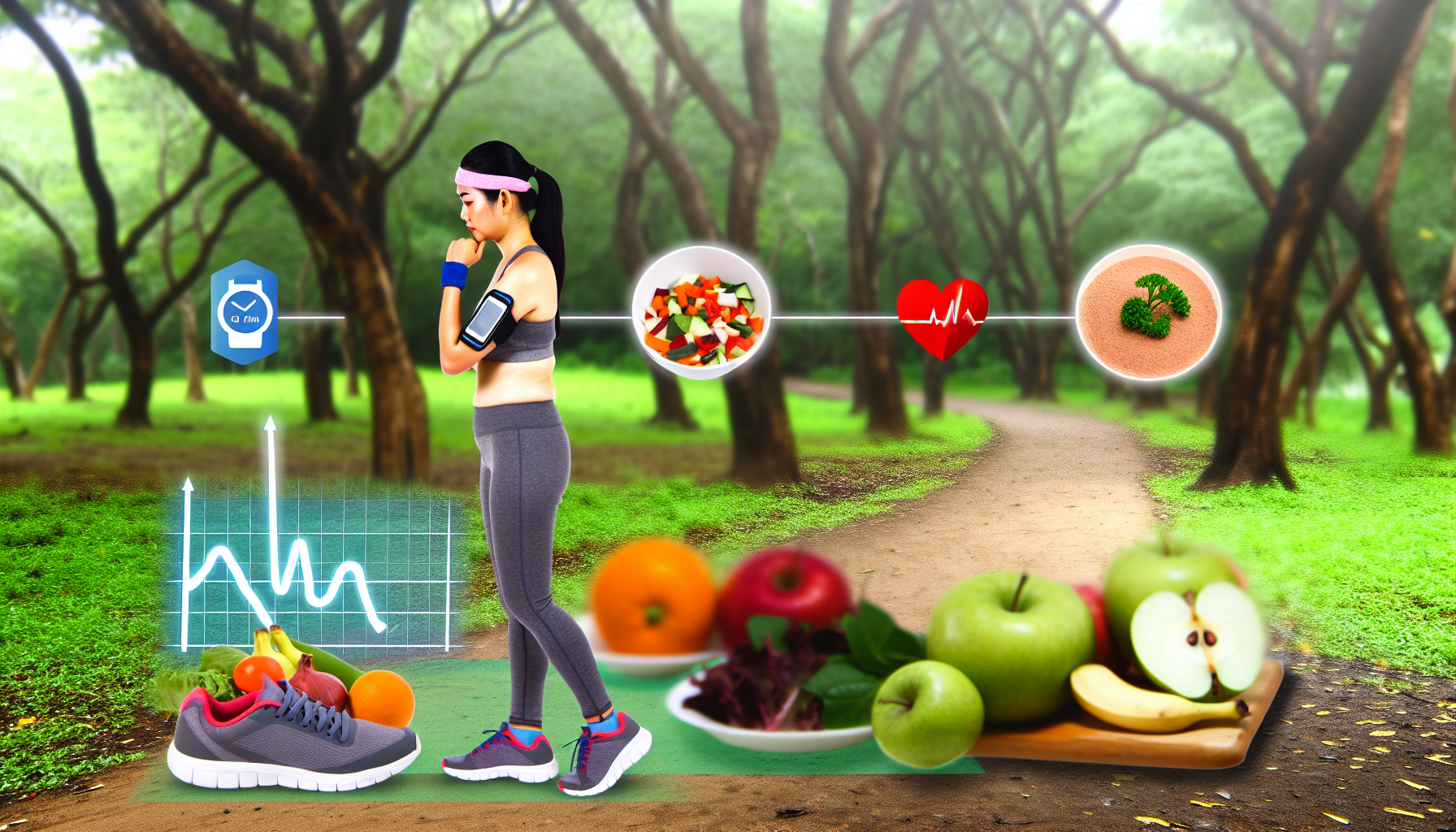 Eine Darstellung von Gesundheit und Wohlbefinden w&Atilde;&curren;hrend des Gewichtsverlustprozesses. Diese Szene zeigt eine s&Atilde;&frac14;dasianische Frau, die auf einem Pfad joggt, umgeben von B&Atilde;&curren;umen und Gr&Atilde;&frac14;n, was auf eine friedliche und ruhige Umgebung hinweist. Sie tr&Atilde;&curren;gt ein schwei&Atilde;Ÿabsorbierendes Outfit, das ein Stirnband, Handgelenkb&Atilde;&curren;nder, Laufschuhe und eine Herzfrequenzuhr umfasst. Um sie herum befinden sich gesunde Lebensmittel wie Obst und Gem&Atilde;&frac14;se, die auf eine ausgewogene Ern&Atilde;&curren;hrung hinweisen. Au&Atilde;Ÿerdem k&Atilde;&para;nnte ein kleines Infografik-Element ihre Fortschritte auf dem Weg zum Gewichtsverlust zeigen.