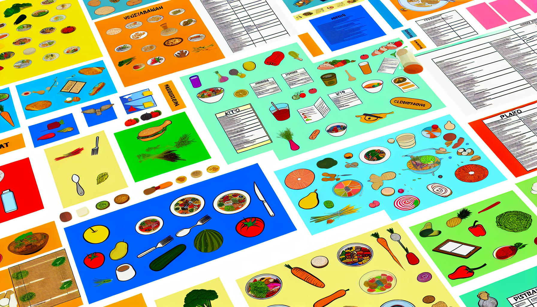 eine bunte und detaillierte darstellung verschiedener di&atilde;&curren;tarten. unterschiedliche arten von lebensmitteln, men&atilde;&frac14;pl&atilde;&curren;ne, zutatenlisten und verwandte gegenst&atilde;&curren;nde, die beliebte di&atilde;&curren;ten wie vegetarische, mediterrane, keto-, paleo- und pflanzenbasierte di&atilde;&curren;ten repr&atilde;&curren;sentieren, sind auf einem breiten tisch platziert. es sind keine menschlichen oder tierischen figuren dargestellt, nur die objekte selbst.