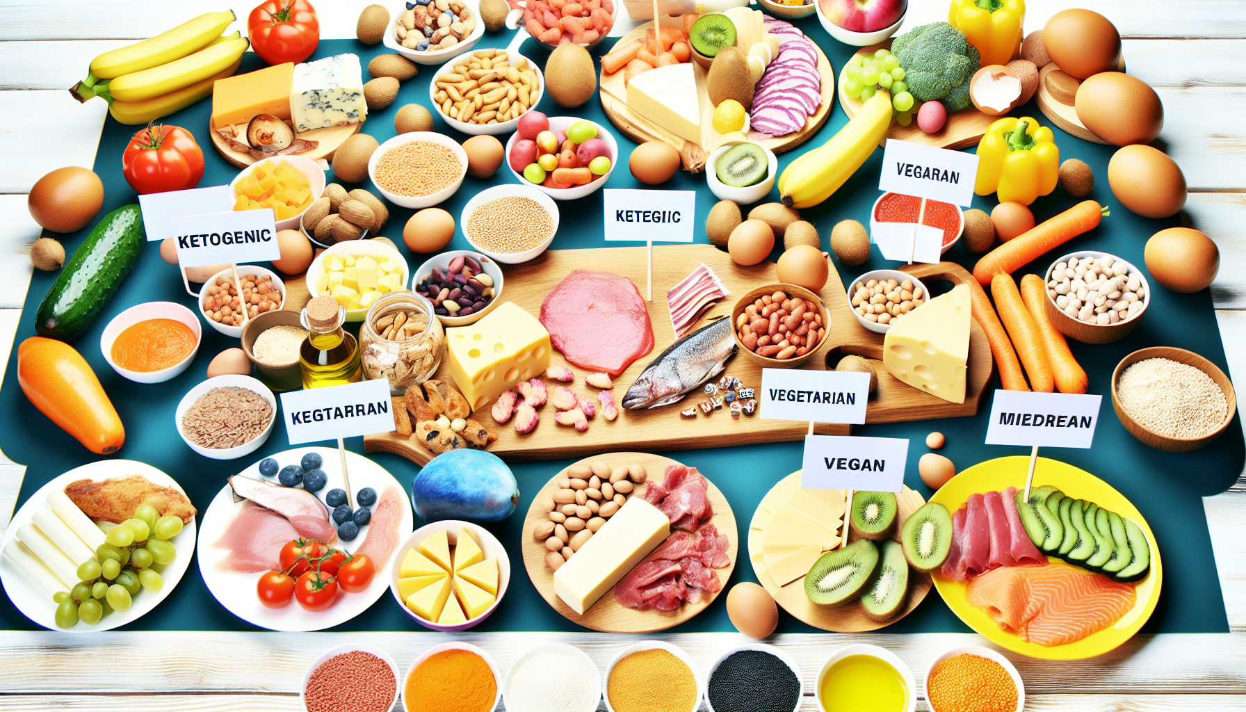 eine auswahl verschiedener gesunder lebensmittel, ansprechend auf einem tisch arrangiert und verschiedene ernã¤hrungsformen darstellend, wie die ketogene, vegetarische, vegane und mediterrane. jede ernã¤hrungsform hat ihren eigenen bereich auf dem tisch, getrennt durch kleine schildchen mit dem namen der jeweiligen ernã¤hrungsweise, und ist mit passenden lebensmitteln bestã¼ckt. der ketogene bereich enthã¤lt fleischsorten, kã¤se und eier, der vegetarische bereich bietet eine groãŸe vielfalt an obst und gemã¼se, der vegane bereich ist gefã¼llt mit hã¼lsenfrã¼chten und getreide, und der mediterrane bereich ist mit fisch, olivenã¶l und frã¼chten bestã¼ckt. das gesamte arrangement wirkt hell und farbenfroh.