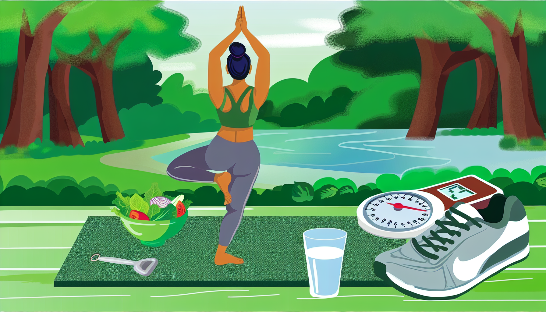Eine Konzeptillustration, die Gesundheit und Wohlbefinden beim Abnehmen darstellt. Die Szene k&Atilde;&para;nnte eine Person s&Atilde;&frac14;dasiatischer Herkunft zeigen, die in einer ruhigen Umgebung Yoga praktiziert, mit &Atilde;&frac14;ppigem Gr&Atilde;&frac14;n im Hintergrund. Neben der Person stehen ein gesunder Salat und ein Glas Wasser, die nahrhafte Entscheidungen symbolisieren. Au&Atilde;Ÿerdem sind ein Paar Laufschuhe und eine Waage zu sehen, die regelm&Atilde;&curren;&Atilde;Ÿige Bewegung und die Fortschrittsverfolgung andeuten. Die Gesamtstimmung sollte motivierend und positiv sein.