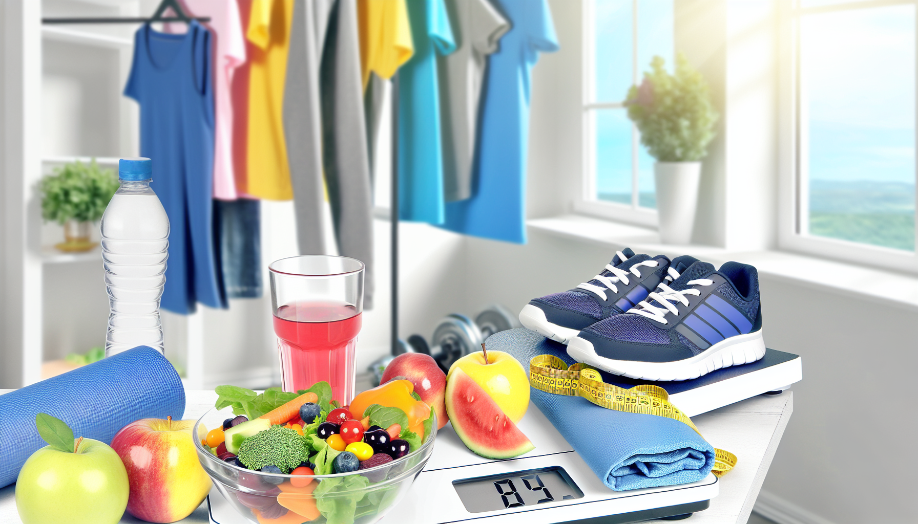 ein bild, das gesundheit und wohlbefinden auf dem weg zur gewichtsabnahme symbolisiert. es k&atilde;&para;nnte eine ausgewogene mahlzeit mit obst, gem&atilde;&frac14;se und mageren proteinen sowie ein glas wasser zeigen. im hintergrund ein paar turnschuhe und sportkleidung, die auf regelm&atilde;&curren;&atilde;Ÿige bewegung hinweisen. vielleicht ist eine digitale personenwaage mit einem gesunden gewicht zu sehen, au&atilde;Ÿerdem eine trinkflasche und eine yogamatte. alle elemente sind klar und hell beleuchtet und strahlen positivit&atilde;&curren;t aus. ein offenes fenster im hintergrund steht f&atilde;&frac14;r frische luft und eine insgesamt positive grundhaltung.