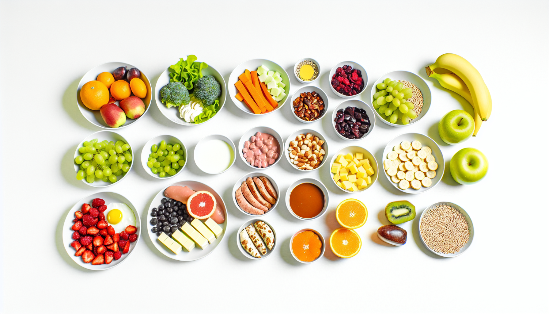 eine auswahl gesunder mahlzeiten, ausgebreitet auf einer weiãŸen oberflã¤che. die mahlzeiten bestehen aus verschiedenen frã¼chten, gemã¼se, mageren proteinen, vollkornprodukten und milchprodukten. jede mahlzeit ist portionskontrolliert und sorgfã¤ltig arrangiert, um eine ausgewogene ernã¤hrung zu gewã¤hrleisten.