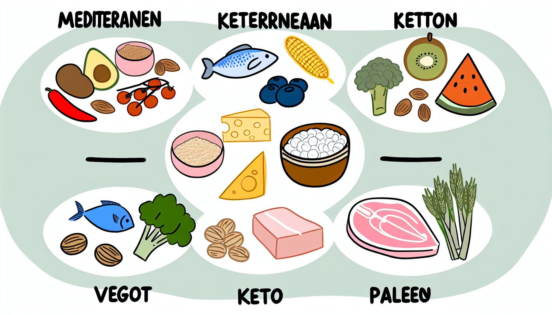 eine illustration, die verschiedene ernã¤hrungsweisen zeigt. dazu kã¶nnten die mediterrane, die ketogene (keto), die vegane und die palã¤olithische (paleo) ernã¤hrung gehã¶ren. jede ernã¤hrungsweise sollte durch eine auswahl typischer lebensmittel dargestellt werden. zum beispiel kann die mediterrane ernã¤hrung fisch, obst, gemã¼se und vollkornprodukte enthalten; die keto-ernã¤hrung fleisch, kã¤se und kohlenhydratarme gemã¼sesorten; die vegane ernã¤hrung obst, gemã¼se, nã¼sse und getreide; und die paleo-ernã¤hrung mageres fleisch, fisch, obst, gemã¼se und nã¼sse.