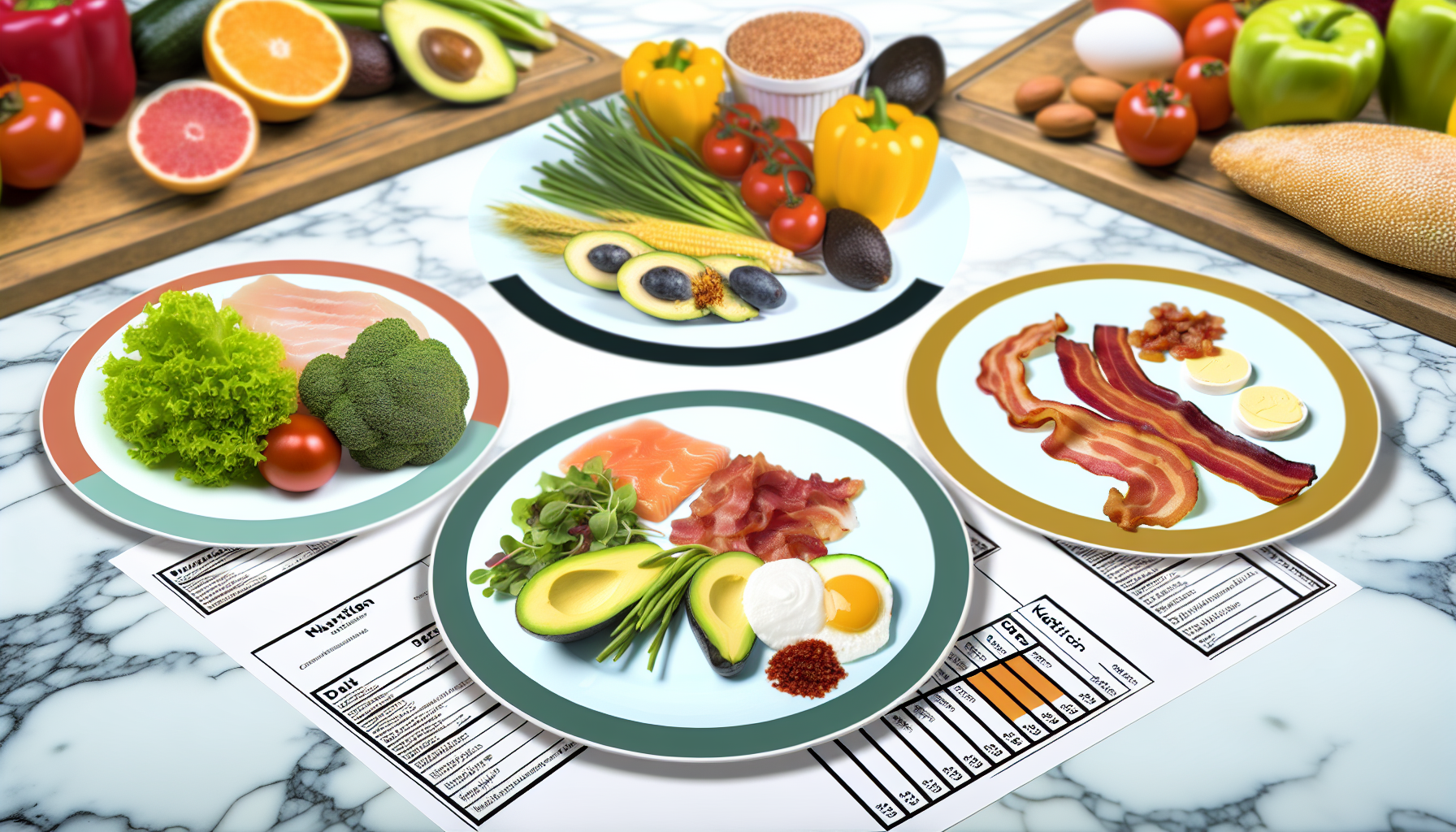 paleo-diät: grundlagen, ernährung & praktische umsetzung 4 eine visuelle darstellung verschiedener beliebter ernã¤hrungsweisen. auf der linken seite befindet sich ein teller voller frischer obst- und gemã¼sesorten, der eine vegetarische ernã¤hrung veranschaulicht. in der mitte steht ein teller mit fisch, gemã¼se und einer kleinen menge getreide, der die mediterrane ernã¤hrung zeigt. auf der rechten seite ist ein teller zu sehen, der die ketogene ernã¤hrung prã¤sentiert, mit fettreichen und kohlenhydratarmen lebensmitteln wie avocado, speck und kã¤se. neben jedem teller liegt eine nã¤hrwerttabelle zur orientierung ã¼ber die nã¤hrstoffzusammensetzung. der hintergrund zeigt eine geschmackvoll dekorierte kã¼chenarbeitsplatte.