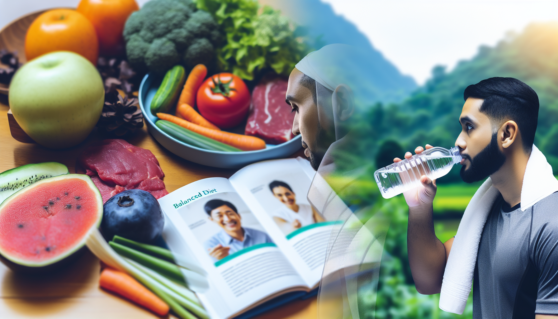 hungerfrei abnehmen: nachhaltige strategien und tipps 2 ein bild, das gesundheit und wohlbefinden wã¤hrend eines abnehmvorgangs in den mittelpunkt stellt. es zeigt eine vielzahl nahrhafter lebensmittel wie obst, gemã¼se und magere proteinquellen. im bild ist eine person mit mittelã¶stlicher herkunft zu sehen, die nach dem training wasser trinkt. links von der person befindet sich ein buch, das informationen ã¼ber eine ausgewogene ernã¤hrung zeigt. im hintergrund ist eine beruhigende naturszene, die entspannung und mentales wohlbefinden symbolisiert.