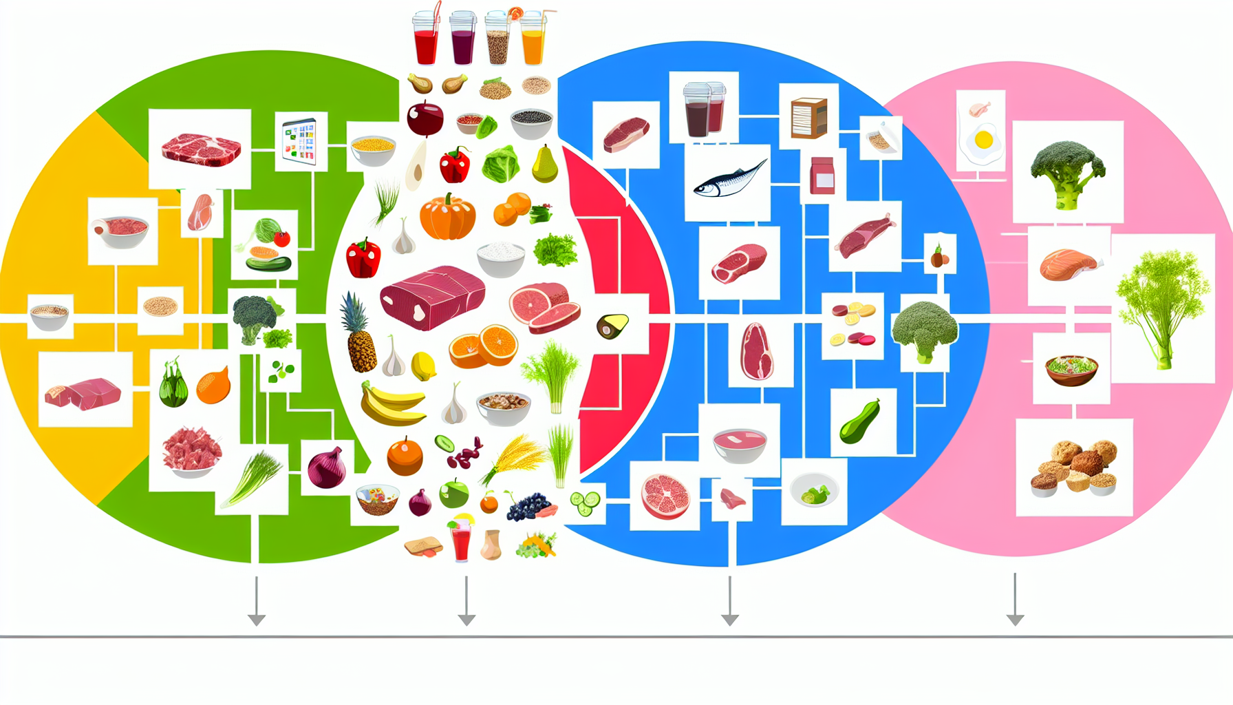 eine visualisierung, die verschiedene ernã¤hrungsformen darstellt. das bild zeigt lebensmittel, die typischerweise mit diesen ernã¤hrungsweisen assoziiert werden, jeweils getrennt angeordnet. ein abschnitt enthã¤lt obst, gemã¼se und getreide und symbolisiert eine pflanzenbasierte ernã¤hrung. ein anderer abschnitt zeigt fleisch, geflã¼gel und fisch und steht fã¼r eine fleischbasierte (carnivore-)diã¤t. ein weiterer teil zeigt eine ausgewogene mischung aus beidem und deutet auf eine ausgewogene ernã¤hrung hin. die illustrationen kã¶nnen auãŸerdem proteinshakes, gemã¼sesmoothies oder speziallebensmittel wie tofu fã¼r vegane ernã¤hrung und steak fã¼r ketogene diã¤ten enthalten. alle bereiche sollten durch gut sichtbare beschriftungen oder symbole klar voneinander unterscheidbar sein.