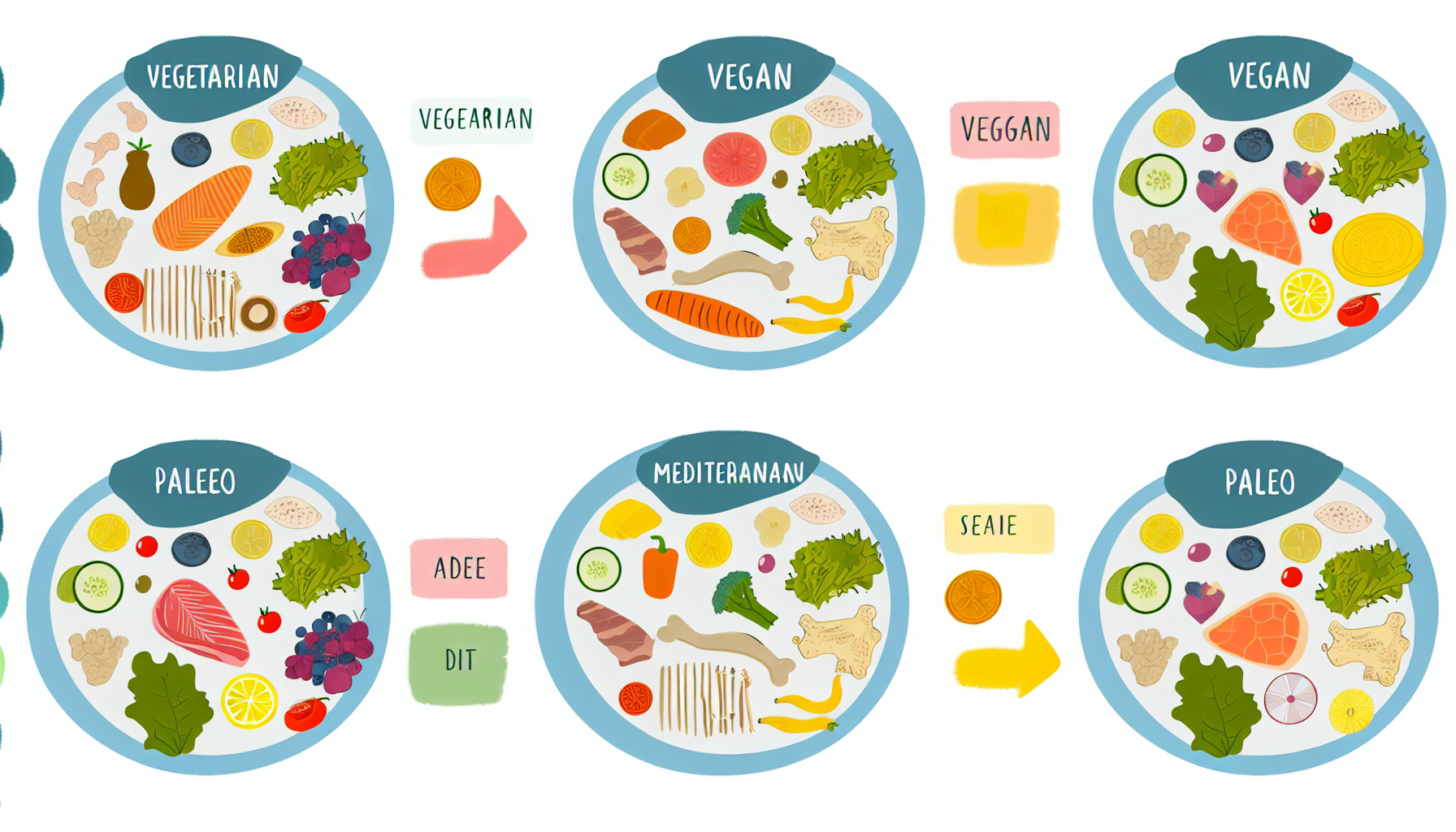 Eine anschauliche Grafik, die verschiedene Ern&Atilde;&curren;hrungsweisen vergleicht, etwa vegetarisch, vegan, Paleo und mediterran. Jede Ern&Atilde;&curren;hrungsweise wird durch einen mit typischen Lebensmitteln gef&Atilde;&frac14;llten Teller dargestellt, mit Beschriftungen zur Kennzeichnung der einzelnen Lebensmittel.