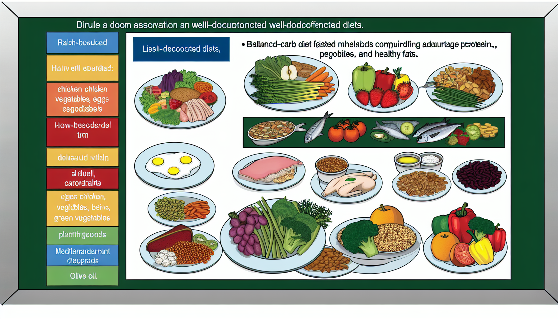 visualisiere eine auswahl bekannter ernã¤hrungsformen. fã¼ge eine vielfalt roher frã¼chte und gemã¼se hinzu sowie ausgewogene mahlzeiten mit ausreichendem eiweiãŸ, kohlenhydraten und gesunden fetten. in einem anderen abschnitt stelle lebensmittel einer kohlenhydratarmen diã¤t dar, z. b. huhn, fisch, eier und grã¼nes gemã¼se. fã¼r pflanzenbasierte ernã¤hrungsweisen zeige reichlich bohnen, getreide, obst und gemã¼se. zeige auãŸerdem gerichte, die in der mittelmeerdiã¤t beliebt sind, einschlieãŸlich frischer frã¼chte, gemã¼se, vollkornprodukte, bohnen, nã¼ssen und olivenã¶l. stelle alles jeweils auf separaten, gekennzeichneten tellern, tischen oder abschnitten dar.