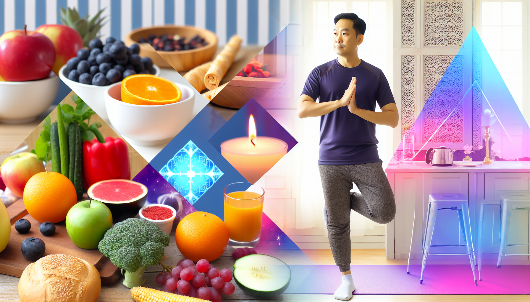 visualisierung des konzepts von gesundheit und wohlbefinden w&atilde;&curren;hrend des gewichtsverlusts. zeige einen ausgewogenen lebensstil mit gesunden lebensmitteln wie obst, gem&atilde;&frac14;se und magerem eiwei&atilde;Ÿ, die eine k&atilde;&frac14;chenarbeitsplatte dominieren. stelle eine person asiatischer abstammung in trainingsbekleidung dar, die zuhause trainiert &acirc;€” m&atilde;&para;glicherweise bei yoga- oder pilates-&atilde;œbungen. hebe elemente der entspannung hervor, etwa duftkerzen, eine beruhigende umgebung und sanfte, wohltuende farben. die stimmung des bildes sollte ein gef&atilde;&frac14;hl von gelassenheit und die reise zur gesundheitlichen transformation vermitteln.