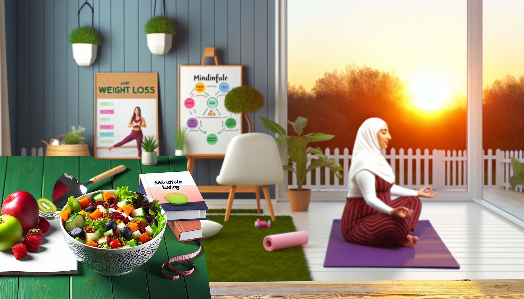 eine szene, die gesundheit und wohlbefinden w&atilde;&curren;hrend des abnehmprozesses zeigt. stellen sie sich vor: ein ruhiger, mit pflanzen gef&atilde;&frac14;llter raum, der zur entspannung beitr&atilde;&curren;gt; ein lebendiger, bunter salat aus frischem obst und gem&atilde;&frac14;se liegt auf einem tisch; eine person mit nah&atilde;&para;stlicher herkunft praktiziert auf einer weichen, gepolsterten yogamatte im wohnzimmer yoga; au&atilde;Ÿerdem liegt ein aufgeschlagenes buch &atilde;&frac14;ber achtsames essen bereit. im hintergrund ist ein whiteboard mit trainingspl&atilde;&curren;nen f&atilde;&frac14;r k&atilde;&para;rperliche &atilde;œbungen und achtsamkeit zu sehen. die untergehende sonne taucht die szene in ein warmes, sanftes licht.