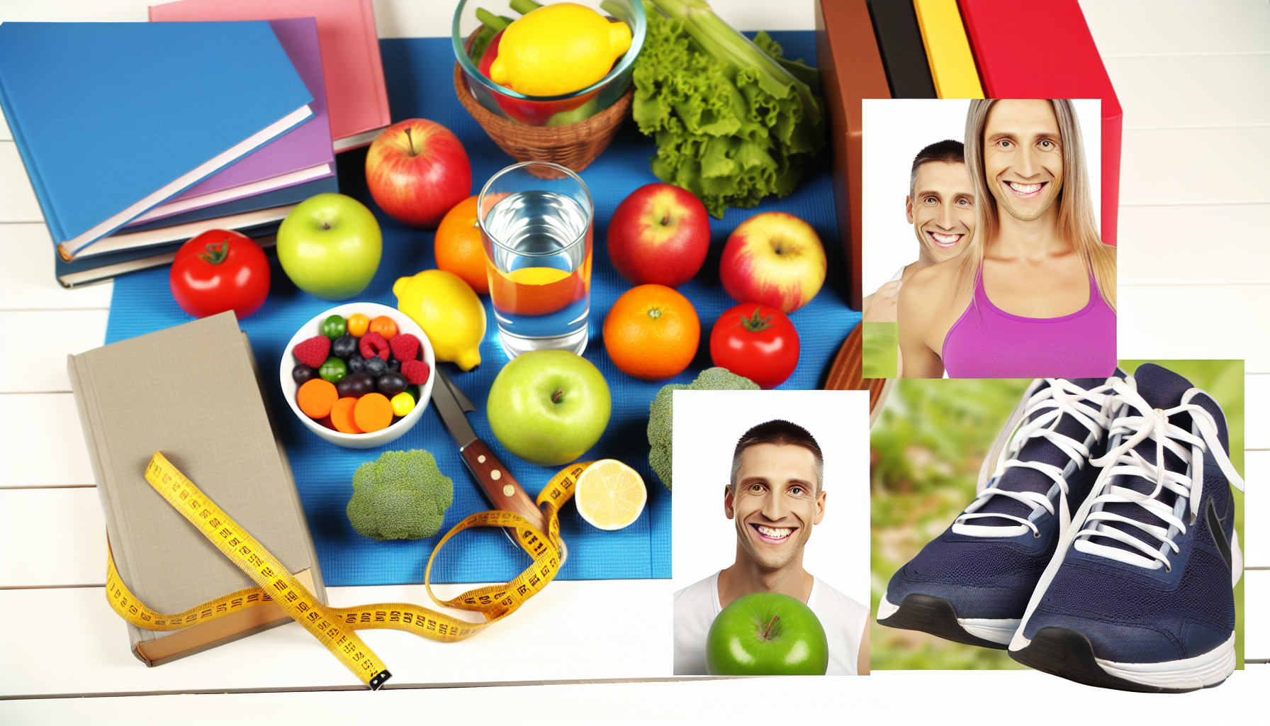 ein bild, das das konzept von gesundheit und wohlbefinden wã¤hrend einer gewichtsabnahme darstellt. es zeigt eine ausgewogene vielfalt bunter obst- und gemã¼sesorten, die auf einem tisch ausgebreitet sind, ein glas frischen wassers mit einer zitronenscheibe und ein paar turnschuhe, die kã¶rperliche aktivitã¤t symbolisieren. auãŸerdem sind mehrere bã¼cher ã¼ber ein gesundes leben, eine yogamatte und ein maãŸband zur darstellung von kã¶rpermaãŸen zu sehen. ebenfalls abgebildet ist eine person kaukasischer abstammung, mã¤nnlich, die lã¤chelt und einen grã¼nen apfel hã¤lt, was ihr engagement fã¼r eine gesunde ernã¤hrung zeigt.
