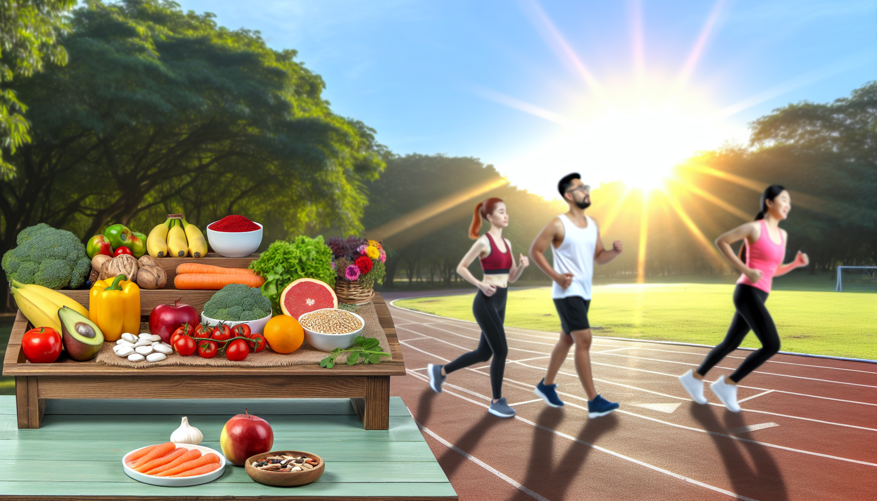 eine szene, die gesundheit und wohlbefinden wã¤hrend des gewichtsverlusts darstellt. im vordergrund ein stand, der eine ausgewogene ernã¤hrung prã¤sentiert, mit frischem obst, gemã¼se, mageren proteinen und vollkornprodukten. in der nã¤he eine laufbahn, auf der ein mann und eine frau unterschiedlicher herkunft entspannt joggen. im hintergrund geht eine helle sonne ã¼ber einer ã¼ppigen parklandschaft auf, was den neubeginn eines gesunden lebensstils symbolisiert.