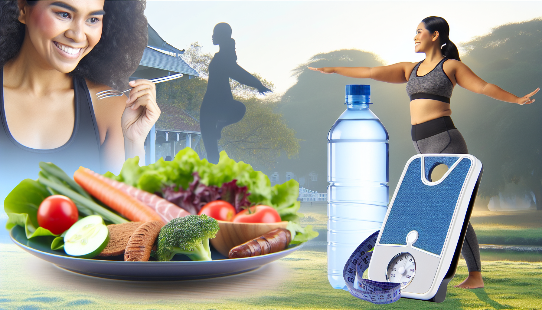 abnehmen ohne diät: nachhaltig, gesund und alltagstauglich 2 ein ganzheitliches bild, das gesundheit und wohlbefinden beim abnehmen darstellt: eine ausgewogene mahlzeit mit gemã¼se, mageren eiweiãŸquellen und vollkornprodukten auf einem teller; eine person hispanischer herkunft mit athletischer, weiblicher statur in einer yoga-pose; eine durchsichtige wasserflasche als symbol fã¼r ausreichende flã¼ssigkeitszufuhr; und eine frã¶hlich wirkende waage, die ein gesundes gewicht anzeigt. im hintergrund ein ruhiger park im frã¼hen morgenlicht, der eine fã¶rderliche umgebung fã¼r kã¶rperliche aktivitã¤t reprã¤sentiert.