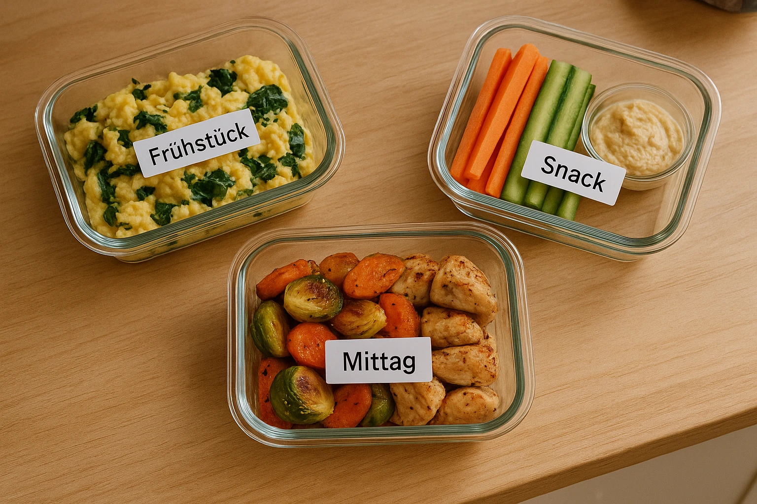 Diäten ohne Zucker: Grundlagen, Nutzen, Risiken 4 Meal-Prep: Realistisches Flatlay von Meal-Prep-Boxen auf Küchentheke, natürliches Tageslicht, warme Farbtöne. Drei Glasbehälter mit beschrifteten Etiketten "Frühstück", "Mittag", "Snack"; enthalten z. B. Rührei mit Spinat, Ofengemüse mit Hähnchen, Gemüsesticks mit Hummus. Saubere, aufgeräumte Szene, scharfe Details, leichte Schatten für Tiefe. Kamera: 50mm, f/4.
