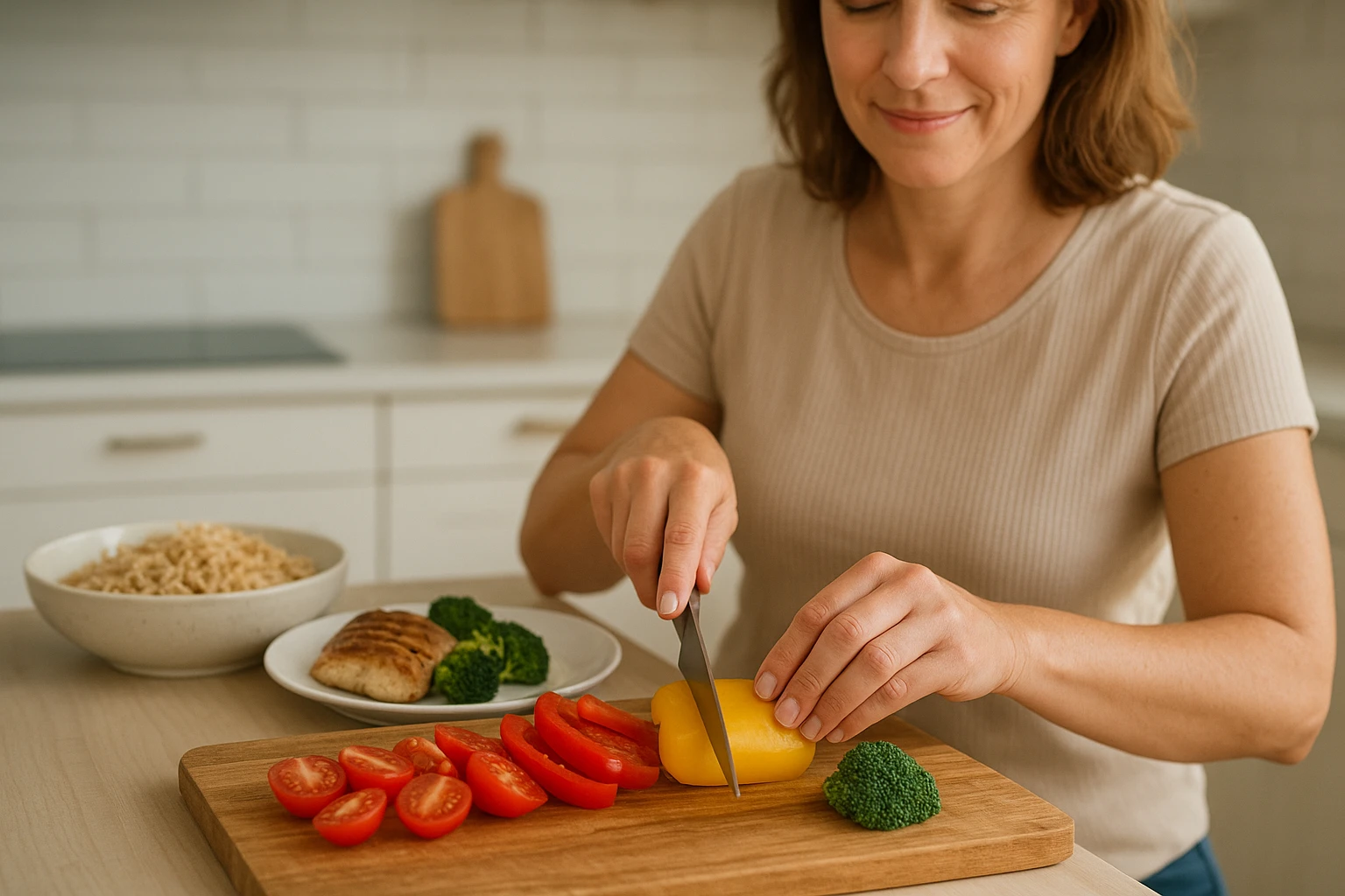 Fotorealistisches Bild einer hellen, modernen Küche: eine Frau Anfang 40 mit entspannter Ausstrahlung bereitet ein ausgewogenes Abendessen zu. Nahaufnahme der Hände beim Schneiden von buntem Gemüse (Paprika, Tomaten, Brokkoli) auf einem Holzbrett, im Hintergrund Schüsseln mit Vollkornreis und gegrilltem Fisch, natürliche, warme Tageslicht-Farbtemperatur (ca. 5500K). Sanfte Tiefenschärfe, 50mm-Objektiv, weiche Schatten, freundliche, reale Texturen, keine Studio-Atmosphäre.
