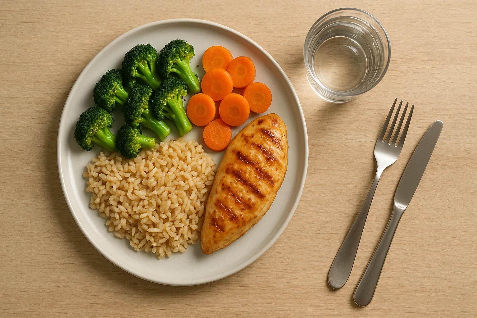 Draufsicht (Flatlay) einer ausgewogenen Portion: Teller mit Gem&uuml;se, Vollkorn, Protein, kleines Glas Wasser und Besteck auf schlichtem Holztisch. Nat&uuml;rliche, realistische Farben, neutrale Hintergrundtextur, weiches Tageslicht von der Seite, scharfe Details, keine Beschriftungen oder Logos, fotorealistischer Stil, 3:2 Bildformat.","Erwachsene Person beim Einkaufen auf einem Wochenmarkt oder im Supermarkt, tr&auml;gt wiederverwendbare Tasche und w&auml;hlt frisches Obst und Gem&uuml;se aus. Nat&uuml;rliche Tageslichtbeleuchtung, realistische Hautt&ouml;ne, freundliche, allt&auml;gliche Szene, keine Markennamen, leichte Tiefensch&auml;rfe, 3:2 Bildformat.","Paar oder Freunde bei einem entspannten Spaziergang im Park (spazieren, leichte Bewegung), fr&uuml;hlingshafte/gr&uuml;ne Umgebung, goldene Stunde Licht f&uuml;r warme Farbtemperatur. Authentische, ungezwungene K&ouml;rperhaltung, nat&uuml;rliche Kleidung, realistische Fotografie, keine Texte, 3:2 Bildformat.","Nahaufnahme von H&auml;nden, die einen Wochenplan / Essensplan in ein schlichtes Notizbuch schreiben; daneben gesunde Snacks und eine Tasse Tee. Warmes, weiches Tageslicht, nat&uuml;rliche Farben, realistische Texturen (Papier, Holz), keine Marken oder Texte auf dem Bild, 3:2 Bildformat.","Beratungsszene mit einer einf&uuml;hlsamen Ern&auml;hrungsberaterin in einem modernen, freundlichen Praxisraum: Gespr&auml;ch, Tablet oder Unterlagen, Patient h&ouml;rt aufmerksam zu. Nat&uuml;rliche Farben, warme Beleuchtung, authentische K&ouml;rpersprache, professionelle aber pers&ouml;nliche Atmosph&auml;re, keine Logos, 3:2 Bildformat.","Gemeinsames Kochen in einer gem&uuml;tlichen K&uuml;che: kleine Gruppe (verschiedene Altersgruppen) bereitet gemeinsam eine gesunde Mahlzeit zu, lachende Gesichter, nat&uuml;rliche Beleuchtung, realistische Details (Schneidebrett, frische Zutaten), inklusive Darstellung, keine Marken, 3:2 Bildformat.