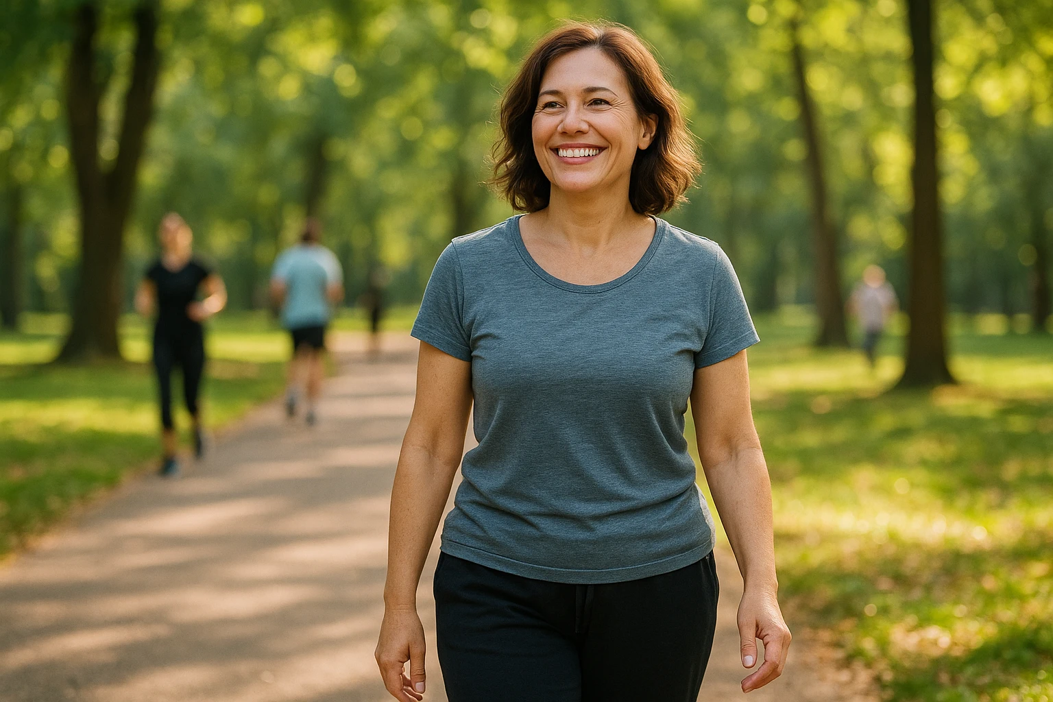 Nat&uuml;rliche Szene im Park: eine Frau Mitte 40 geht entspannt spazieren, l&auml;chelnd, lockere Sportkleidung, Sonnenlicht durch B&auml;ume, andere Menschen im Hintergrund (Jogger, Spazierg&auml;nger) unscharf, realistische Hautt&ouml;ne und K&ouml;rperformen, candid-Fotografie‑Look, weiche Schatten, positive Stimmung f&uuml;r Wohlbefinden beim Abnehmen.""","Fotorealistische Innenaufnahme: junges Paar macht gemeinsam sanftes Stretching/Yoga am Morgen in hellem Wohnzimmer mit Pflanzen und warmem Holzfu&szlig;boden, entspannte Gesichter, nat&uuml;rliche Lichtquelle, gem&uuml;tliche Atmosph&auml;re, mittlere Brennweite, geringe Tiefensch&auml;rfe, authentische K&ouml;rpersprache und Kleidung.","Lebendige Szene in einer K&uuml;che: multikulturelle Gruppe von Freunden kocht gemeinsam eine gesunde Mahlzeit, Lachen, frisches Gem&uuml;se auf der Arbeitsfl&auml;che, lockere Alltagskleidung, realistische K&uuml;chendekoration, nat&uuml;rliche Beleuchtung, dokumentarischer Stil, warme, einladende Stimmung.","Fein inszenierte Aufnahme einer Person, die auf einer Yogamatte meditiert bei Sonnenaufgang auf einem Balkon: ruhiges Gesicht, aufrechter Sitz, leichte Morgennebel-Atmosph&auml;re, Pflanzen im Hintergrund, warme, beruhigende Farben, fotorealistisches Licht, entspannende Stimmung.","Gem&uuml;tliche Schlafzimmeraufnahme: Person liest ein Buch im Bett vor dem Schlafengehen, warmes Nachtlicht, ruhige Miene, weiche Decken, ein Glas Wasser auf dem Nachttisch, realistische Texturen, intim-authentische Stimmung, Fokus auf Erholung und Schlafhygiene.","Detailaufnahme eines Glases Wasser mit Zitronenscheibe auf einem Couchtisch neben einem Smartphone mit handschriftlichen Notizen/Checklist (gesunde Gewohnheiten): nat&uuml;rliche Fensterbeleuchtung, scharfe Detaildarstellung, realistische Refl exionen, auf Wohlbefinden und Alltag fokussiert.","Professionelle, freundliche Szene in einer Praxis: Ern&auml;hrungsberaterin im Gespr&auml;ch mit Klientin, Schreibtisch mit Ern&auml;hrungspl&auml;nen und Wasserflaschen, warmes, beruhigendes Interieur, respektvolle Mimik, nat&uuml;rliche Lichtf&uuml;hrung, fotorealistischer dokumentarischer Stil.","Selbstf&uuml;rsorge-Motiv: Frau mittleren Alters steht vor dem Spiegel, l&auml;chelt und streicht sich locker &uuml;ber die Schultern, tr&auml;gt bequeme Alltagskleidung, weiches Tageslicht, realistische K&ouml;rpertypen, Betonung auf Wohlbefinden und Selbstakzeptanz, nat&uuml;rliche, ungestellte Pose."}&ecirc;tswydd-like markers removed.}{