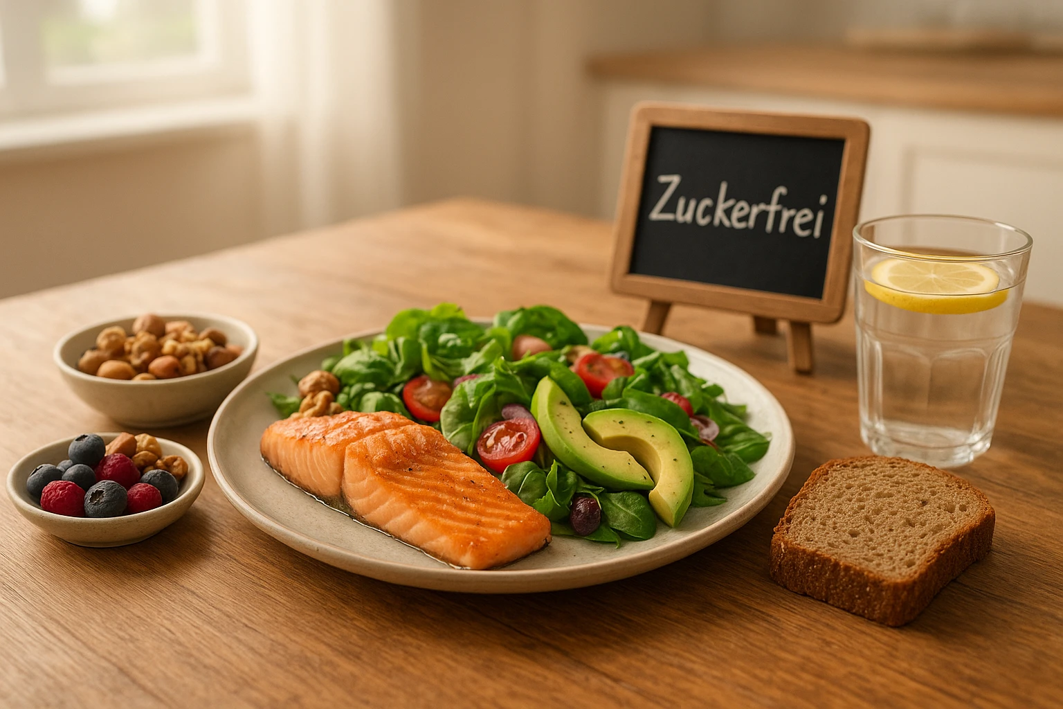 Diäten ohne Zucker: Grundlagen, Nutzen, Risiken 2 Titelbild: Natürliche, realistische Szene auf einem Holztisch in einer hellen Küche am Morgen, leichte warme Farbtemperatur. Verschiedene zuckerfreie Speisen arrangiert: gegrillter Lachs, gemischter Salat mit Avocado, Nüsse, Beeren, Vollkornbrot, Glas Wasser mit Zitronenscheibe. Leicht schräger Top-down-Winkel, geringe Tiefenschärfe, weiches Fensterlicht. Kleine Tafel mit handgeschriebener Aufschrift "Zuckerfrei" sichtbar im Bildhintergrund. DSLR, 35mm, f/2.8.