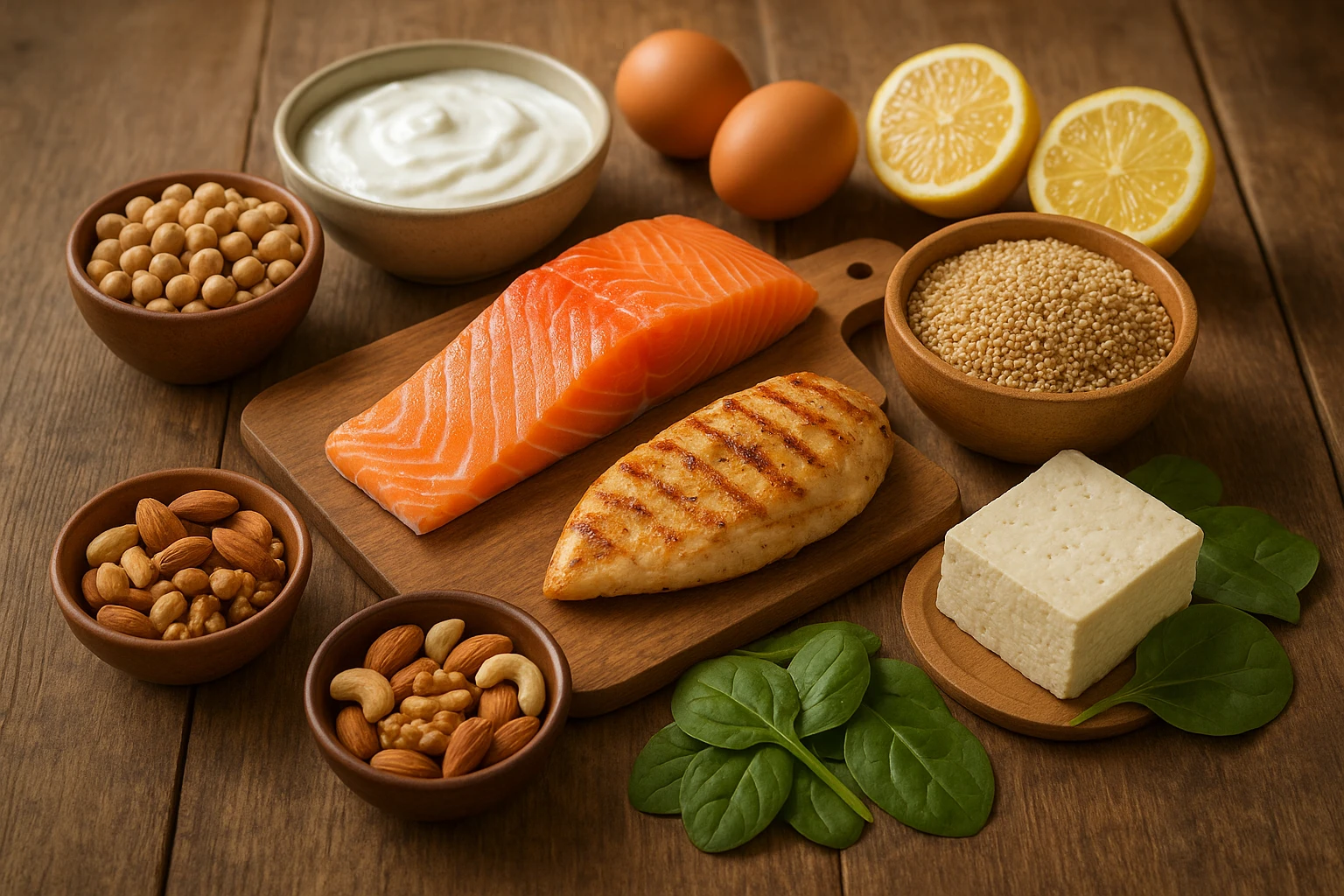 Übersichtsbild einer ästhetisch arrangierten Auswahl proteinreicher Lebensmittel auf einem rustikalen Holztisch: Lachsfilet, gegrillte Hähnchenbrust, Eier, griechischer Joghurt, Kichererbsen, Tofu, Quinoa, Nüsse, Spinat und Zitronenhälften. Natürliche Tageslicht-Stimmung, warme einladende Farbtemperatur (ca. 5000–5500K), weiche Schatten, realistische Texturen, geringe Tiefenschärfe, fotografiert mit 35 mm, 1/125s, f/4, leichte Vignette, professionelle Food-Styling.