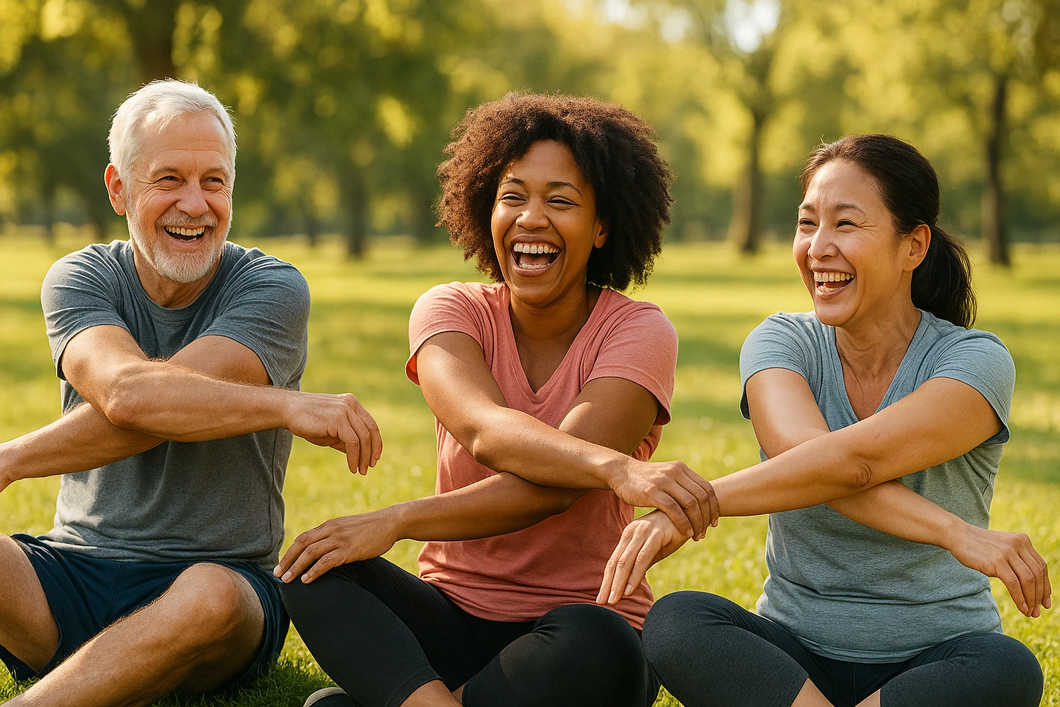 Titelbild: Fröhliche, diverse Gruppe von drei Erwachsenen (verschiedene Altersgruppen und Ethnien) im Freien auf einer sonnigen Parkwiese, lockere Sportkleidung, sie lachen und machen leichte Dehnübungen; natürliche, warme Lichtstimmung am späten Vormittag, weiche Hintergrundunschärfe, realistische Hauttöne, freundliche, motivierende Atmosphäre, hohe Detailtreue, horizontales Format.