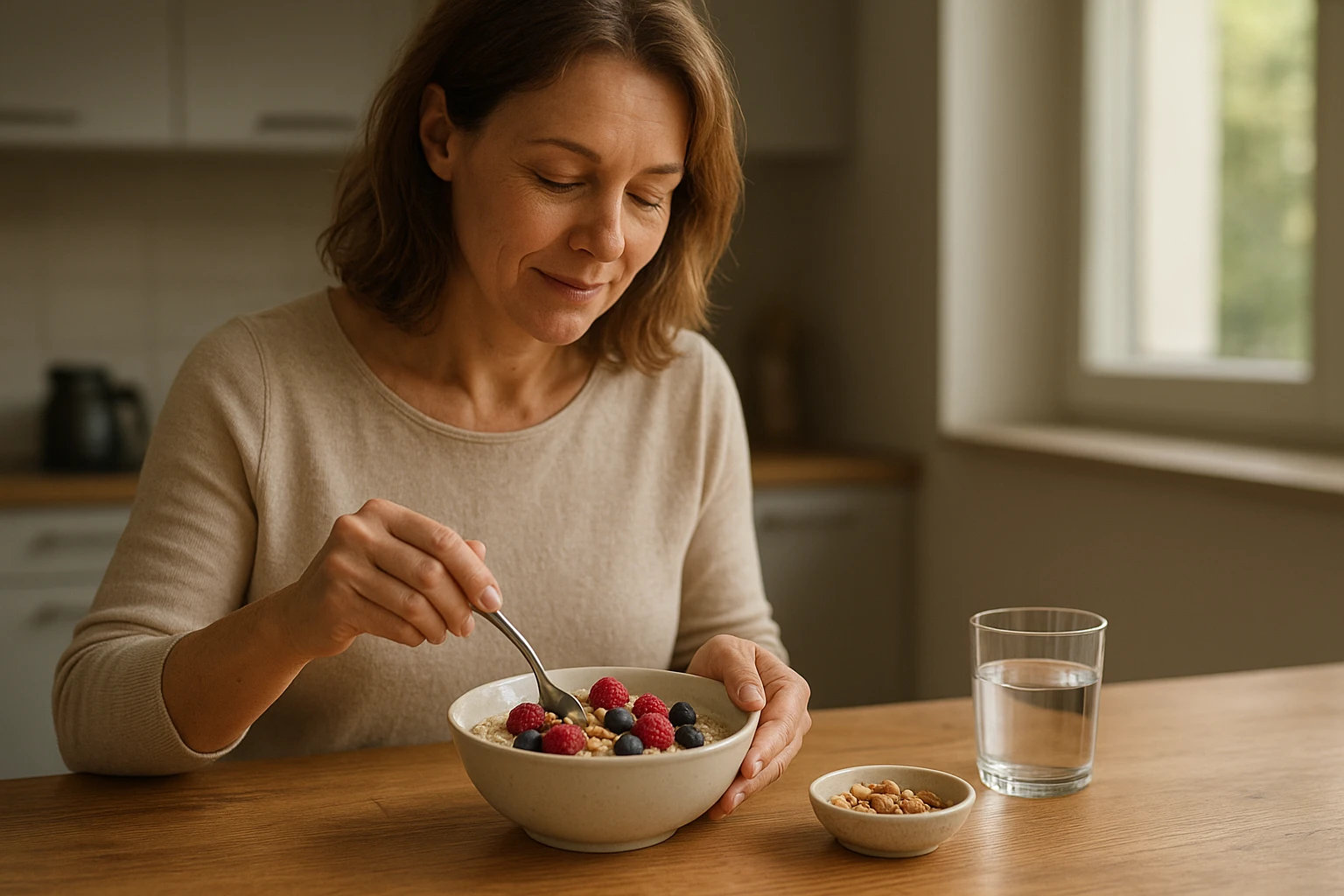 Eine fotorealistische, natürliche Frühstücksszene in einer modernen Küche: eine Frau mittleren Alters bereitet einen Haferbrei mit frischen Beeren, Nüssen und einem Glas Wasser zu. Warme, natürliche Morgenbeleuchtung durch ein Fenster, dezente Schatten, Holzarbeitsplatte, leichte Unschärfe im Hintergrund (35mm, f/2.2), alltägliche, realistische Stimmung, neutrale bis warme Farbtemperatur.