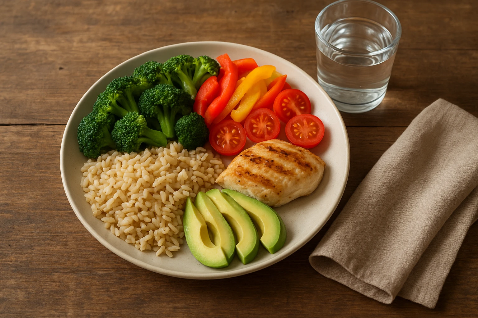 Fotorealistische Aufnahme einer ausgewogenen Mahlzeit aus der Vogelperspektive: Teller mit buntem Gemüse (Brokkoli, Paprika, Tomaten), einer Portion Vollkornreis, gegrilltem Hähnchenbrustfilet oder Tofu und Avocadoscheiben auf einem rustikalen Holztisch; neben dem Teller ein Glas Wasser und ein Leinenserviette. Natürliche, warme Farbtemperatur, weiches Tageslicht von einem seitlichen Fenster, leichte Schärfentiefe (50mm-ähnlich), realistische Texturen, harmonische Komposition, wohnliche Küchenatmosphäre.