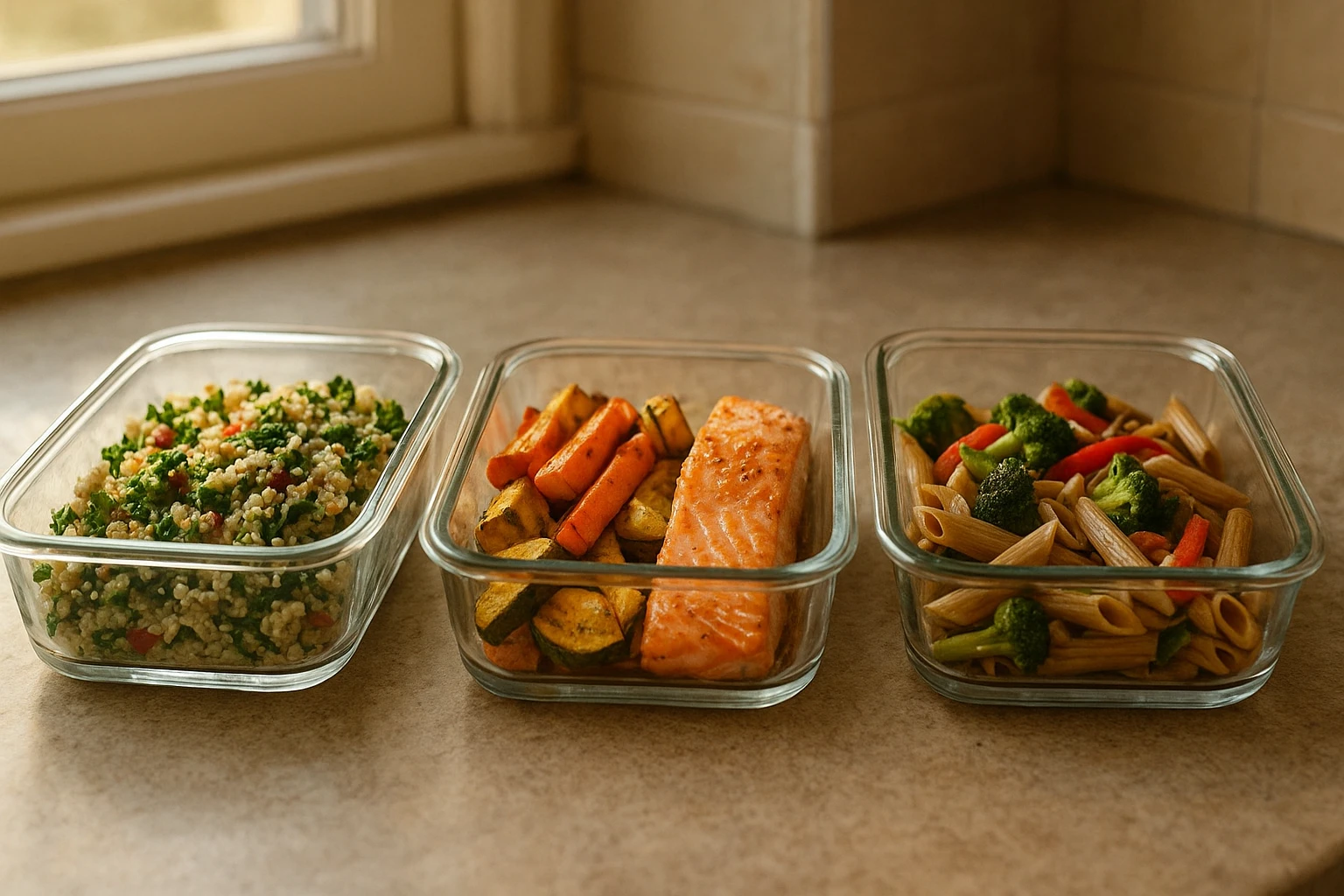 Realistisches Foto von drei Meal‑Prep‑Glasboxen auf einer Küchenarbeitsplatte: abwechselnd Salat mit Quinoa, Ofengemüse mit Lachs, Vollkornpasta mit Gemüse; sonniges Morgenlicht durch Fenster, warme neutrale Farb­tem­peratur, 50mm, mittlere Schärfentiefe, natürliche Texturen, hohe Detailgenauigkeit, keine Schrift/Marken, fotorealistisch, 3:2 Seitenverhältnis。」,
