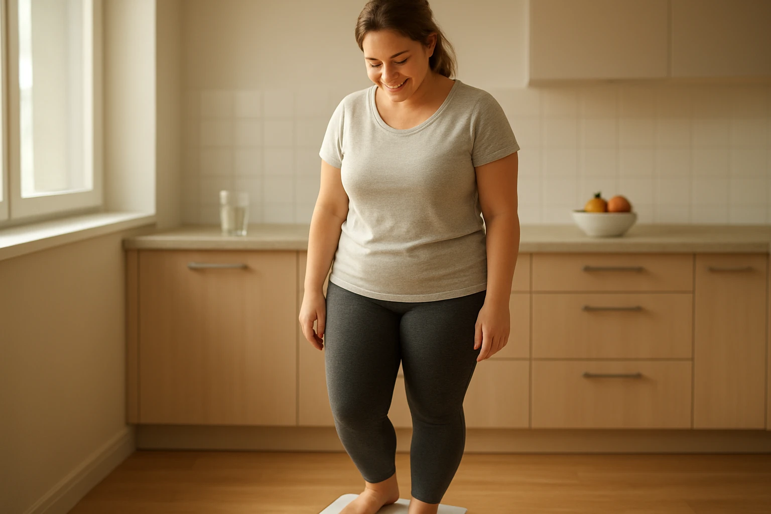 Natürliches, realistisches Foto einer lächelnden Frau mittleren Alters (30–45) in bequemer Sportkleidung, die entspannt auf einer Küchenwaage steht und positiv nach unten schaut. Helle, warme Morgenbeleuchtung durch ein Fenster, weiche Schatten, freundliche Atmosphäre. Küche modern, sauber, ein Glas Wasser und ein kleines Obstschälchen im Hintergrund. Fokus auf Wohlbefinden; keine dramatischen Körperformen, realistische Proportionen, leichte Unschärfe im Hintergrund (Bokeh). Farbtemperatur neutral-warm.