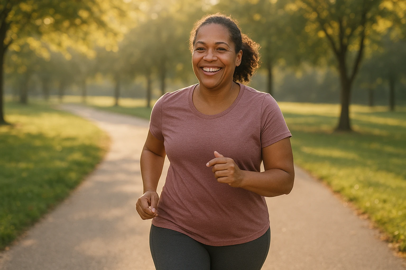 Hero-Bild: Eine erwachsene Frau mittleren Alters joggt lächelnd auf einem sonnigen Parkweg am frühen Morgen, warme, natürliche Morgenbeleuchtung, natürliche Farben, realistische Szene, leichte Tiefenschärfe, sportliche Alltagskleidung, diverse, inklusiv, keine Logos oder Text auf der Kleidung, freundliche, motivierende Stimmung.