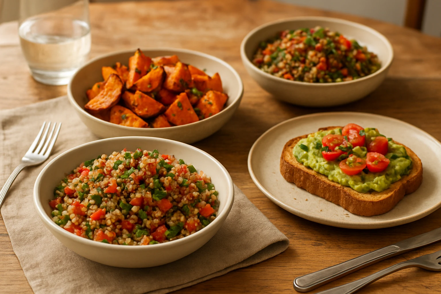 Titelbild: Ein nat&uuml;rliches, realistisches Foto eines gedeckten Esstisches mit mehreren bunten, pflanzenbasierten Gerichten (Quinoa-Salat, gebackene S&uuml;&szlig;kartoffeln, Linsensalat, Avocado-Toast). Warme, einladende Farbstimmung, nat&uuml;rliches Tageslicht (ca. 5500 K), hohe Aufl&ouml;sung, leichte Tiefensch&auml;rfe, sanfte Schatten, realistische Texturen und appetitliche Anrichtung.