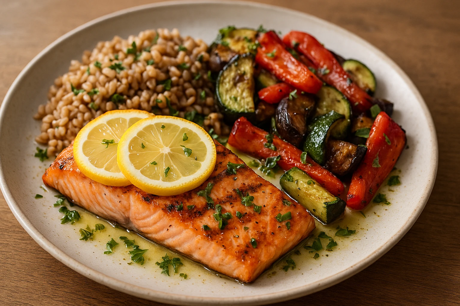 Nahaufnahme eines Tellergerichts mediterraner Diät: gegrilltes Lachsfilet mit Zitronenscheiben, Farro/Quinoa, geröstetes Gemüse (Paprika, Zucchini, Aubergine), frische Kräuter und ein leichtes Olivenöldressing, hohe Detailtreue, natürliches Tageslicht von der Seite, warme Farbtemperatur, geringe Tiefenschärfe, fotorealistisch, appetitliche Präsentation, kein Text auf dem Bild.  n",