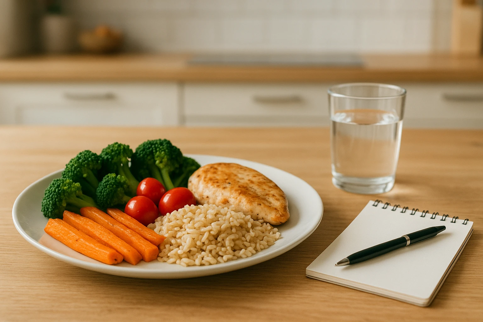 Gesund abnehmen: Ernährung, Bewegung und Wohlbefinden 2 Realistische Ernährungsszene in einer modernen Küche: frische, ausgewogene Mahlzeit mit Gemüse, Vollkorn und magerem Eiweiß auf einem Holztisch, daneben Wasser und eine kleine Waage oder ein Notizbuch für Gesundheitsziele, natürliches Tageslicht, angenehme warme Farbtöne, clean und glaubwürdig, Lifestyle-Fotografie.