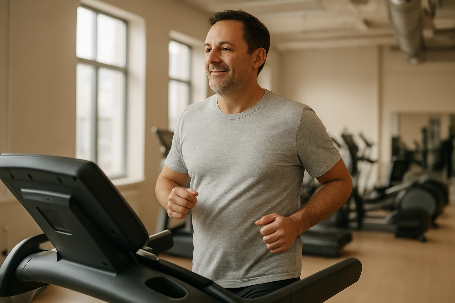 Gesund abnehmen: Ernährung, Bewegung und Wohlbefinden 3 Natürliche, realistische Szene in einem hellen Fitnessstudio: eine erwachsene Person mittleren Alters macht moderates Ausdauertraining auf dem Laufband, entspannt und motiviert, Fokus auf Gesundheit und Wohlbefinden beim Abnehmen, warme neutrale Farbtemperatur, authentisches Licht, dokumentarischer Stil, hohe Detailtreue.